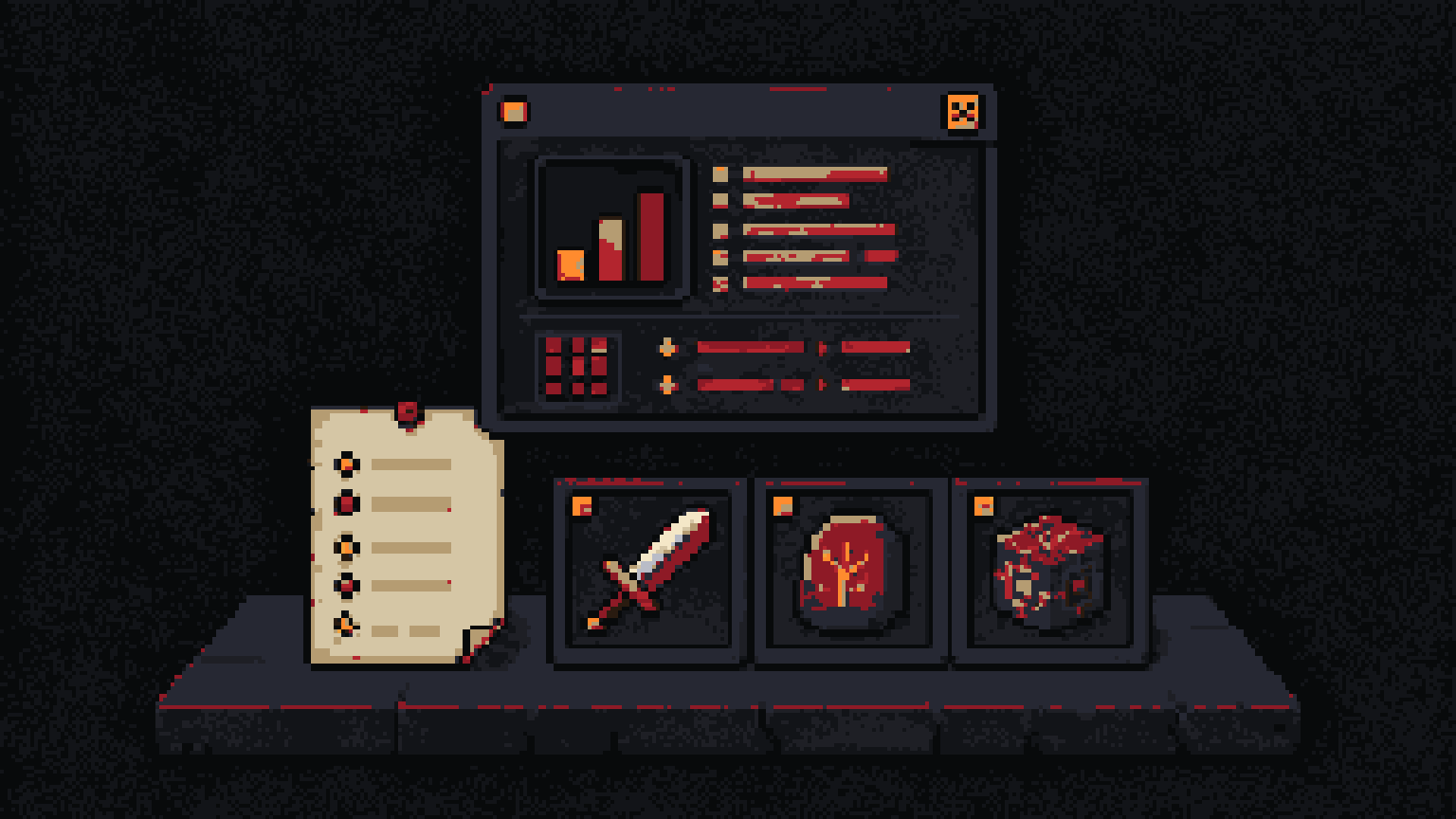 Pixel-art desktop still life with a compact guide window and item slots